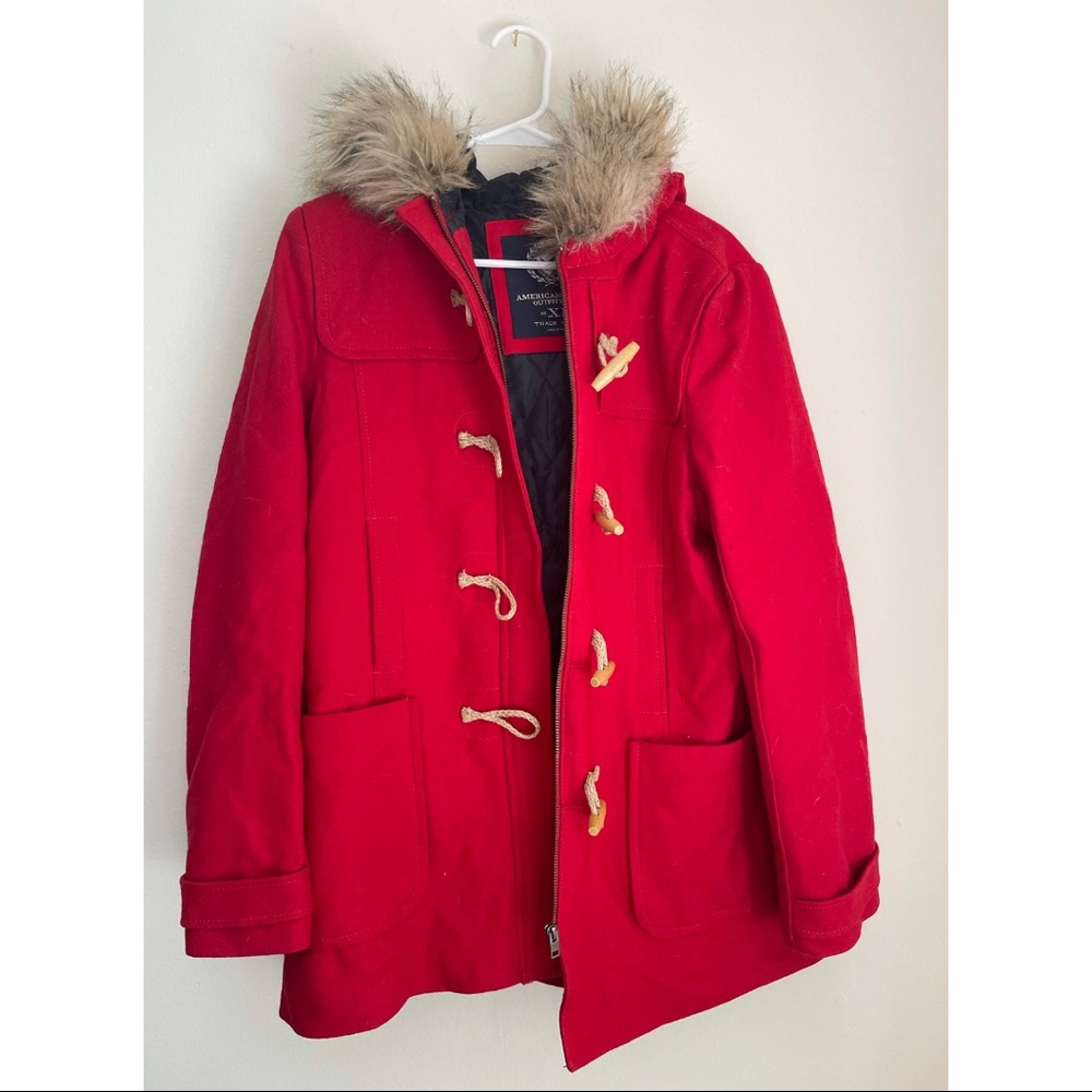 American Eagle Red Winter Coat w/ Toggles and Fur Hood